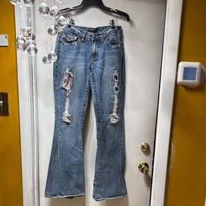 True Religion Distressed Patchwork Flare Jeans - Light Blue